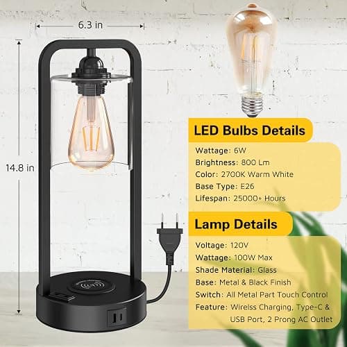 Wireless Charging Table Lamp for Bedroom Set of 2, Touch Control Dimmable with Type C USB Ports & AC Outlet Bedside Nightstand Lamp, Glass Shade Industrial Desk Lamp for Home Office, Bulbs Included thumbnail 5