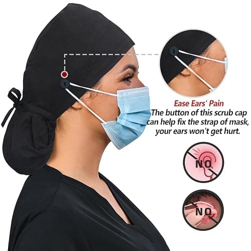 IRIS CRAFT Adjustable Working Cap with Button, Cotton Working Hat Sweatband with Ponytail Pocket Elastic Tie - Ponytail-satin Lined - Satin-lined Flory Garden thumbnail 3