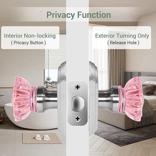 Floresita Crystal Door Knobs, Stain Nickel Pink Glass Door Knobs Interior Rose Shape with Lock Privacy Function, Vintage Antique for Bedroom Bathroom thumbnail 2
