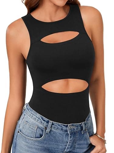 LYANER Women's Sleeveless Bodysuits Sexy Cut Out Front Body Suits Stretchy Tank Leotards Tops thumbnail 4