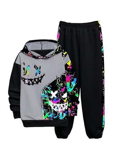 WDIRARA Boy's 2 Piece Outfits Colorful Graphic Print Long Sleeve Hoodie and Sweatpants Set Tracksuit - Image 1