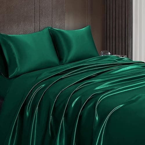 Homiest 3pcs Satin Sheets Set Luxury Silky Satin Bedding Set with Deep Pocket, 1 Fitted Sheet + 1 Flat Sheet + 1 Pillowcase (Twin Size, Blackish Green) thumbnail 4