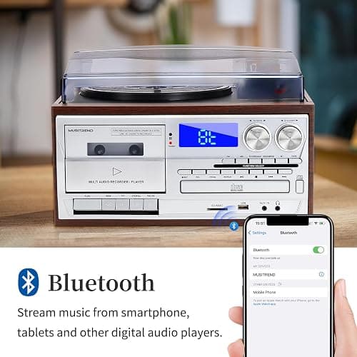 MUSITREND Record Player 9 in 1 3 Speed Bluetooth Vintage Turntable CD Cassette Vinyl Player AM/FM Radio USB/SD Playback Aux-in RCA Line-Out (Silver) thumbnail 4