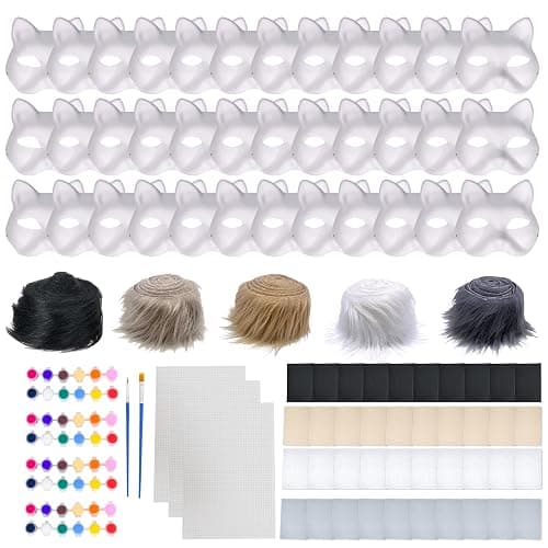 SENONAPO 36 Pcs DIY Therian Mask Kit Blank Cat Mask with Felt Fabric Sheet Plush Faux Fur Eye Mesh for Therian Gear Party Cosplay Supplies - Image 1