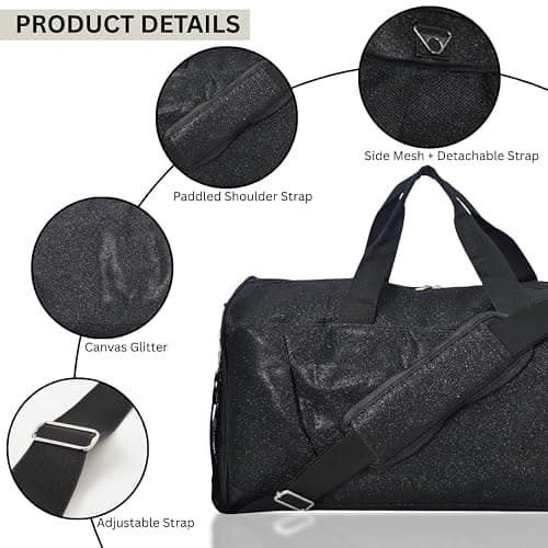 NGIL Glitter Cheer Gym Duffel Bag with Shoe Compartment, Small Travel Tote, and Overnight Carry-On for Women (Glitter-Black) thumbnail 6