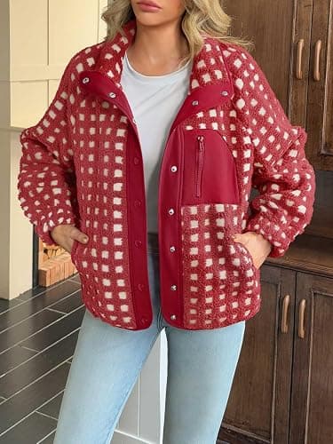 Tankaneo Womens Fleece Sherpa Jacket Fuzzy Checkered Button Down Stand Collar Jacket Winter Warm Outerwear thumbnail 2