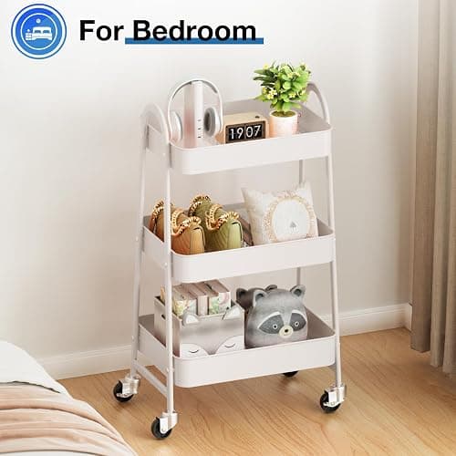 OLIXIS Metal 3 Tiers Utility Rolling Cart, Mobile Storage Shelf with Lockable Caster Wheels, Organization for Livingroom, Bathroom & Narrow Places, White thumbnail 6
