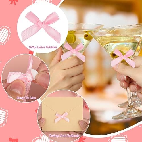 NEBURORA 100 Pcs Mini Pink Bows Small Satin Fabric Ribbons Bow with Dot Stickers for Gift Wrapping Cake Card DIY Crafts Wedding Party Decorations thumbnail 4