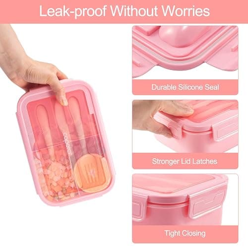 Caperci Classic Bento Box Adult Lunch Box for Older Kids - Leakpoof 47 oz 3-Compartment Lunch Containers for Adults and Teens, Built-in Utensil Set, Ideal for On-the-Go Balanced Eating, Pink thumbnail 4