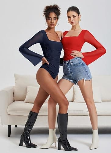 Avidlove Bodysuits for Women Long Bell Sleeve Mesh Square Neck Body Suits Going Out Ruched Bodysuit Tops Concert Outfits thumbnail 7