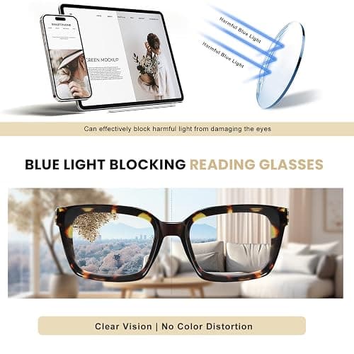 XVXV Reading Glasses for Women Men - Blue Light Blocking Readers Oversize Oprah Square Anti Glare/Eyestrain Spring Hinge thumbnail 5