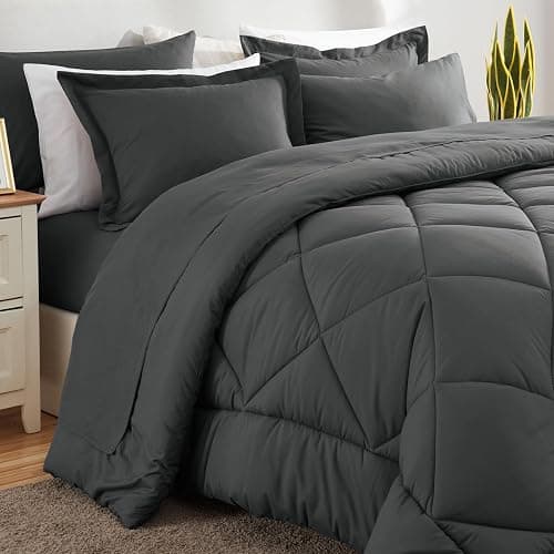 CozyLux Full Size Comforter Sets Dark Grey - 7 Pieces Bed in a Bag Full, Luxury Soft Bed Set for All Seasons, Bedding Set with Down Alternative Comforter, Sheets, Pillowcases & Shams - Dark Grey - Full thumbnail 8
