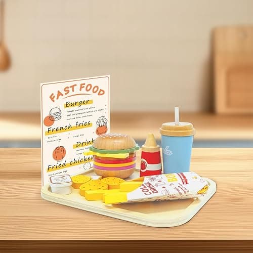 Masonbaby Wooden Play Food Set for Children, Pretend Fast Food Playset, Wooden Hamburger French Fries Toy, Play Kitchen Accessories for Toddlers, Educational Toys Gift for Boys Girls thumbnail 2