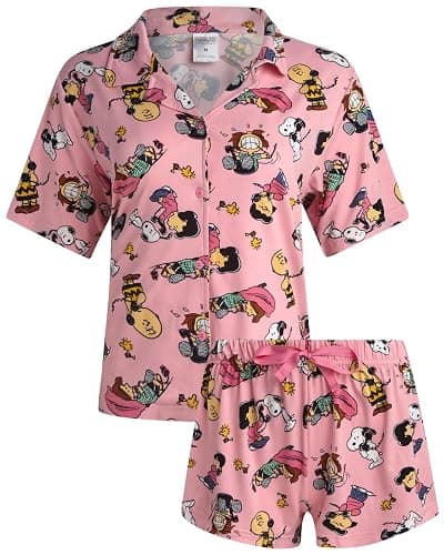 COCO BRANDS Peanuts Snoopy Womens Pajama Set - 2 Piece Short Sleeve Button Down Sleep Shirt and Pajama Shorts - Image 1