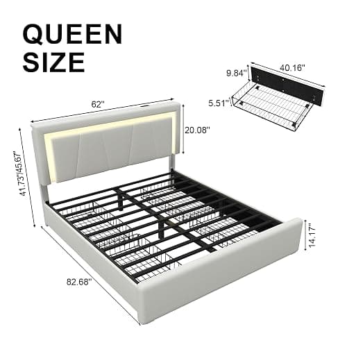 Queen Size Bed Frame with 4 Storage Drawers and LED Lights, Upholstered Platform Bed with Adjustable Headboard and Charging Station, Metal Slats Support, No Box Spring Needed,Easy Assembly, White thumbnail 2