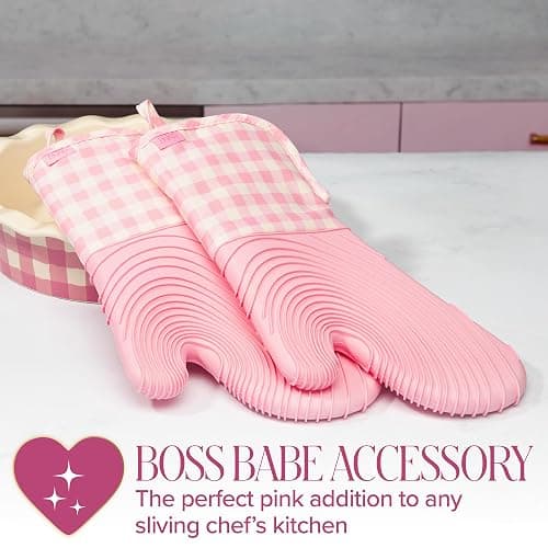 Paris Hilton Oven Mitt Set with Limited Edition Pink Gingham Design, Heat Resistant Pot Holders Featuring Non-Slip Textured Silicone Grips, 2-Piece Set, Pink thumbnail 6