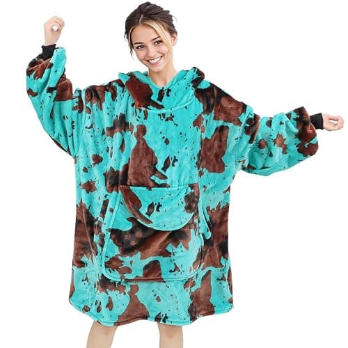 KIVEE Blue Cow Print Wearable Blanket Hoodie Oversized Fleece Sweatshirt Blanket with Giant Pocket Warm Cozy Hooded Blanket for Adult Cow Gifts for Women Men - Image 1