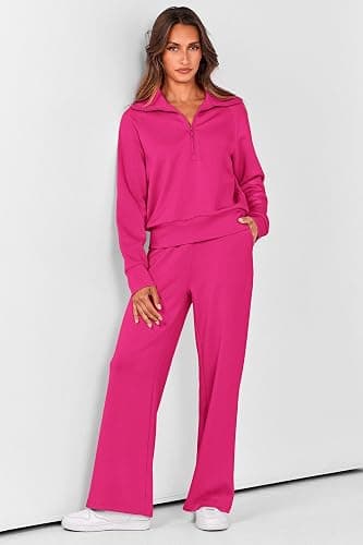 PRETTYGARDEN Women's 2 Piece Outfits Casual Lapel Half Zip Sweatshirts and Wide Leg Pants Tracksuit Sets thumbnail 2