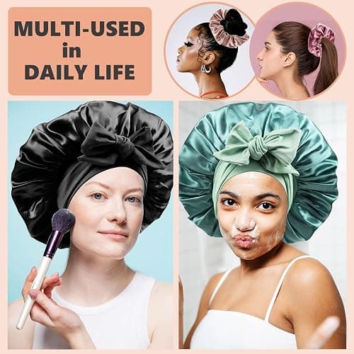 Satin Bonnet for Sleeping Women,Double Layer Hair Bonnet for Sleeping with Tie Band for Curly Hair Braids Long Hair Black thumbnail 6