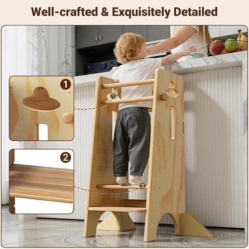 COSYLAND Height Adjustable Toddler Standing Tower(NO Wide Back Panel) - Super Stable Kids Kitchen Stool Helper with 4 Support Blocks - 3 Levels Adjustable Wooden Kitchen Stool (All Natural) thumbnail 4