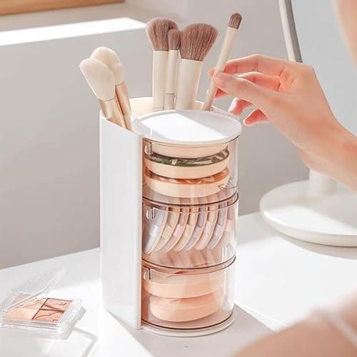 Hair Accessories Organizer with Hair Brush Holder, Rotatable Makeup Brush Holder for Necklaces, Earring, Bracelet, Ring, Makeup Brushes, Hair Clip and Hair Accessories (White, 3-Layer) thumbnail 4