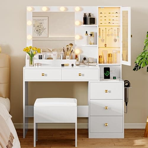 Vanity Desk with Mirror and Lights, Makeup Vanity Table Set with 5 Storage Drawers, Power Outlet & Chair, Small Dressing Table with RGB Ambient Light, Adjustable Brightness for Girls Bedroom, White - Image 1