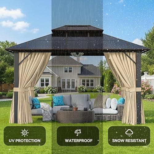 SOLUMIA 10x12 Hardtop Gazebo with Curtains & Netting, Double Roof Polycarbonate Canopy, Heavy-Duty Aluminum Frame Pergola for Patio, Garden, Deck – All-Weather UV & Rust Resistant thumbnail 7