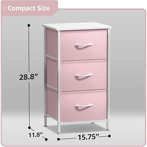 Sorbus Nightstand with 3 Drawers - Bedside Furniture & Accent End Table Chest for Home, Bedroom Accessories, Office, College Dorm, Steel Frame, Wood Top, Pastel Fabric Bins (Pink) thumbnail 3