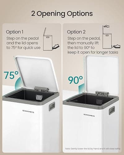 SONGMICS Trash Can, Double Compartment Garbage Can, Stainless Steel | 2 X 8 Gallon (2 x 30 L) for Recycling, with 15 Liner Bags, Soft-Close Lids, Removable Buckets, White ULTB160WZ01 thumbnail 5