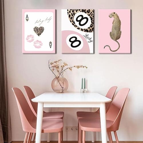 Trendy Leopard Canvas Wall Art Set of 3 - Pink Cheetah Prints Wall Decor Pictures, Funky Lucky You 8 Ball Poster Preppy Aesthetic Paintings, for Girls Bedroom Dorm Apartment 12x16 inch Framed thumbnail 3