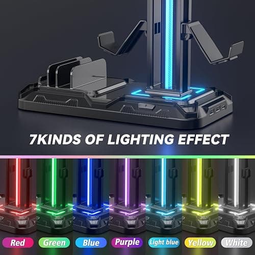 KDD Headset Stand with Charging Station - Detachable Controller Holder with 9 Light Modes - Rotatable Headphone Hanger with USB A&C Charger Ports - Earphone Hook for PC Gaming Accessories Storage thumbnail 4