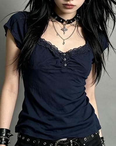 Chvity Y2k Fairy Grunge Shirts Short Sleeve Emo Goth Shirt Summer 2000s Lace Coquette Going Out Tops Teen Girls Babydoll Tops thumbnail 3