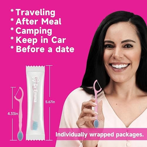 Dr. Emma Mini Brush Disposable Toothbrushes with Floss, Travel Mint Toothbrush for On-The-Go Use, 24 Packs Individually Wrapped Small Portable Toothbrush, Pink thumbnail 5