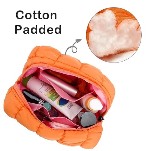 E-Tree Cute Makeup Bag,Quilted Cosmetic Bag,Make up Pouch for Purse,Toiletry Zipper Pouch,Checkered Bag,Travel Case,Storage Pouches for Organization Orange thumbnail 3