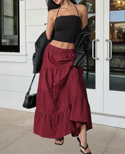 TITOMD Womens Flowy Maxi Skirts Summer A Line Ruffle Boho Long Skirt | Casual Elegant, Flared, Elastic Waist, Beach Vacation Outfits, Soft Fabric, Ideal for Spring, Fall, Daily, Going out thumbnail 3