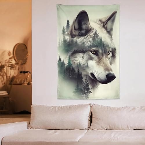 ANMOGID Wolf Tapestry for Bedroom Aesthetic, Mountain Wall Hanging Art, Wolf Decor Wall Art for Living Room Dorm Party Home Decoration 60"x40" thumbnail 6