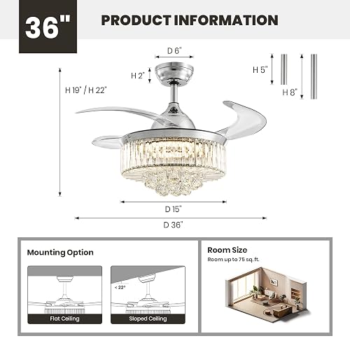 36" Fandelier, Crystal Ceiling Fan with Lights and Remote, Invisible Retractable Dimmable Chandelier Fan, 6-Speed Reversible Timer Ceiling Fan Light Kit for Bedroom Living Room Dining Room-Chrome thumbnail 7