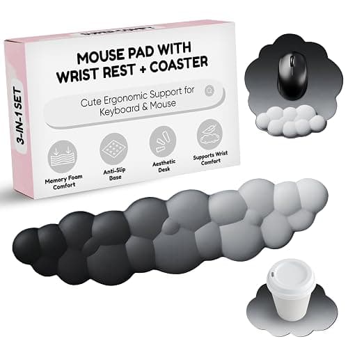 THONIV - Cloud Wrist Rest for Keyboard and Mouse, Soft Memory Foam Support with Non-Slip Base, Cute Cloud Design for Typing, Gaming, Office, Bonus Coaster Included for Desk Aesthetic (Black Gradient) - Image 1