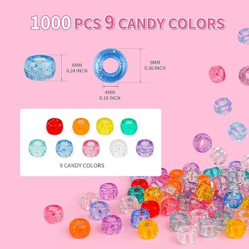 1000+pcs Glitter Pony Beads Bulk, Acrylic 9mm Large Plastic Bead for Bracelets Big Hole Hair Braids Crafts DIY Projects thumbnail 3