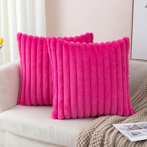 ZLINA Set of 2 Hot Pink Faux Fur Decorative Throw Pillow Covers Fluffy Striped Pillowcase Cushion Covers 18 x 18 Inch Decor Sofa Couch Bedroom thumbnail 2