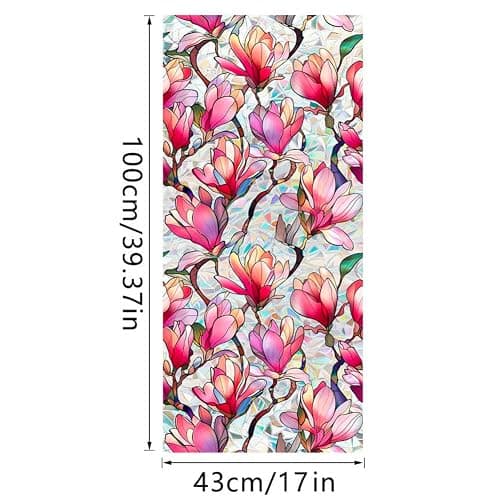 Fenster-Sichtschutzfolie, Motiv: Regenbogen-rosa Magnolien-Blüten, Sonnenschutz, dekorativ, PVC, Buntglas-Fensteraufkleber, nicht klebend, statisch haftender Aufkleber für Zuhause, Büro, 43,02 x thumbnail 3