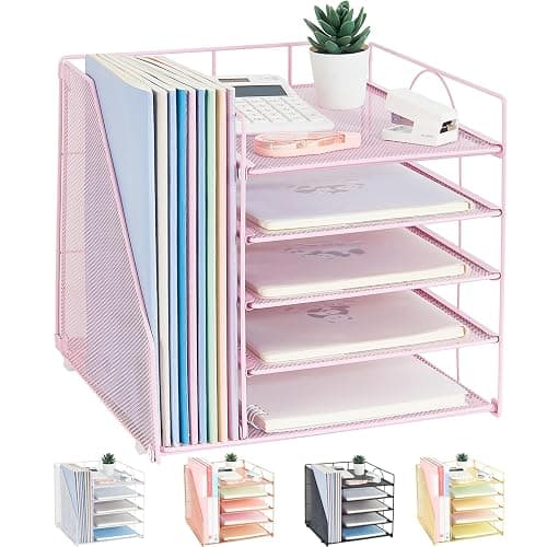 LEKETREE Desk Organizers and Accessories, 5-Tier Paper Letter Tray Organizer with File Holder, Desktop Organizer for Office Supplies (Pink) - Image 1