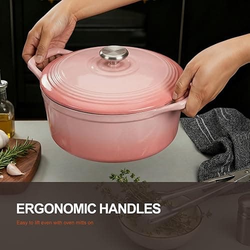 Overmont Enameled Cast Iron Dutch Oven - 5.5QT Pot with Lid Cookbook, Pink | Heavy-Duty Cookware with Cotton Potholders, Enclosed Lid-Knob Design, Oven Safe for Sourdough Baking Braising Stews Roasting thumbnail 4