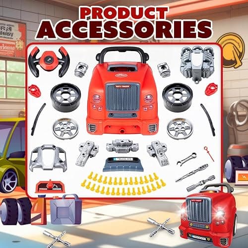 Playbees Red Truck Engine Repair Toy – Kids Mechanic Repair Set with Tools, Lights & Sounds – Interactive Take-Apart Engine Builder Truck, Great thumbnail 3