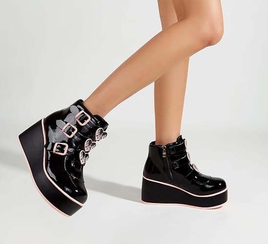 LUCKY STEP Women Platform Chunky Ankle Boots - Round Toe Zipper Wedges High Heels Rave Buckle Thick Sole Goth Booties thumbnail 2