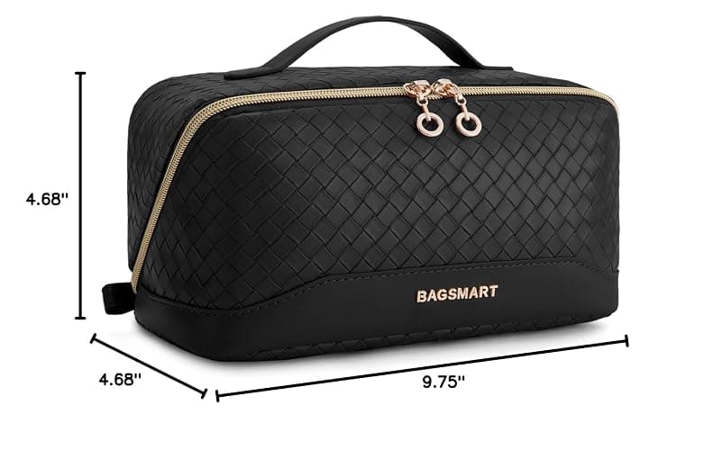 BAGSMART Makeup Bag, Travel Cosmetic Bag Organizer, PU Leather Water-Resistant Pouch, Open Flat Makeup Storage for Toiletries, Brushes, PU Leather Black thumbnail 2