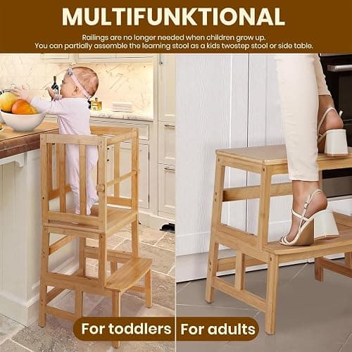 COSYLAND Kids Kitchen Step Stool，Toddler Standing Tower with CPC Certification, Removable Anti-Drop Railing Safety Rail Unique Patented Design Anti-tip Structure More Stable, 1.5-3 yrs Natural Bamboo thumbnail 8