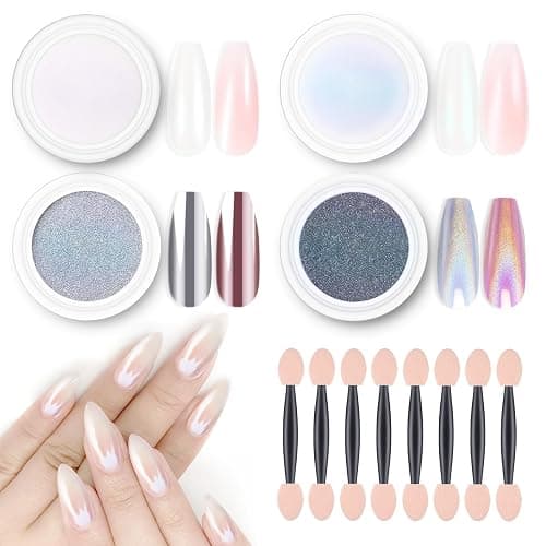 Artdone Chrome Nail Powder Magic White Pearl Kit Mirror Effect Silver Metallic Holographic Dip Nail Powder Decoration Iridescent Aurora Mermaid Pigment - Image 1