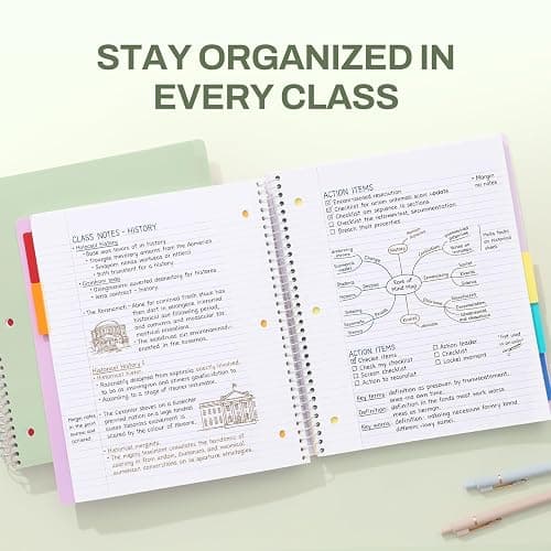 SUNEE 5 Subject Notebook College Ruled - 200 sheets (400 Pages), 9"x11", 5 Pocket Colored Dividers, 3-Hole Punched Paper, Sage Green thumbnail 7
