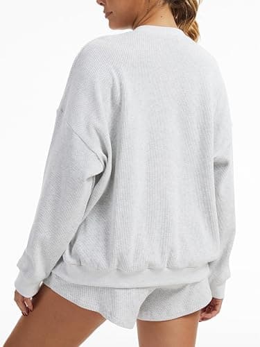 AnotherChill Women's Oversized Waffle Knit Lounge Set Long Sleeve Sweatshirt and High Waisted Shorts 2 Piece Casual Outfit thumbnail 3